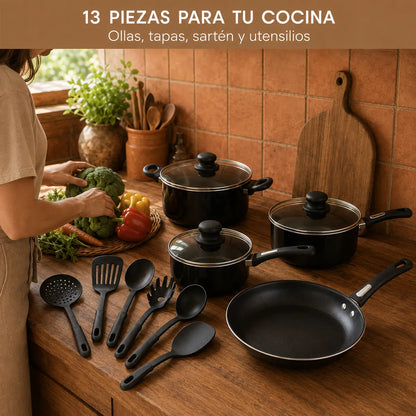 Set de ollas antiadherente premium de 13 piezas: ollas, tapas de vidrio, sartén y utensilios