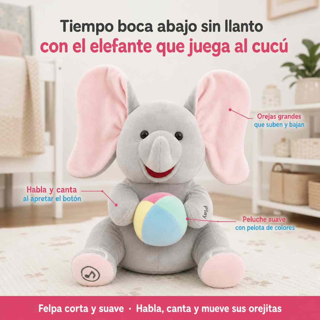 Elefante Interactivo que Habla y Mueve sus Orejitas - Tiempo Boca Abajo sin Llanto - Envío Gratis