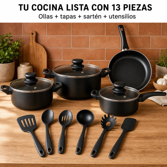 Set de ollas antiadherente premium de 13 piezas: ollas, tapas de vidrio, sartén y utensilios sobre encimera de madera