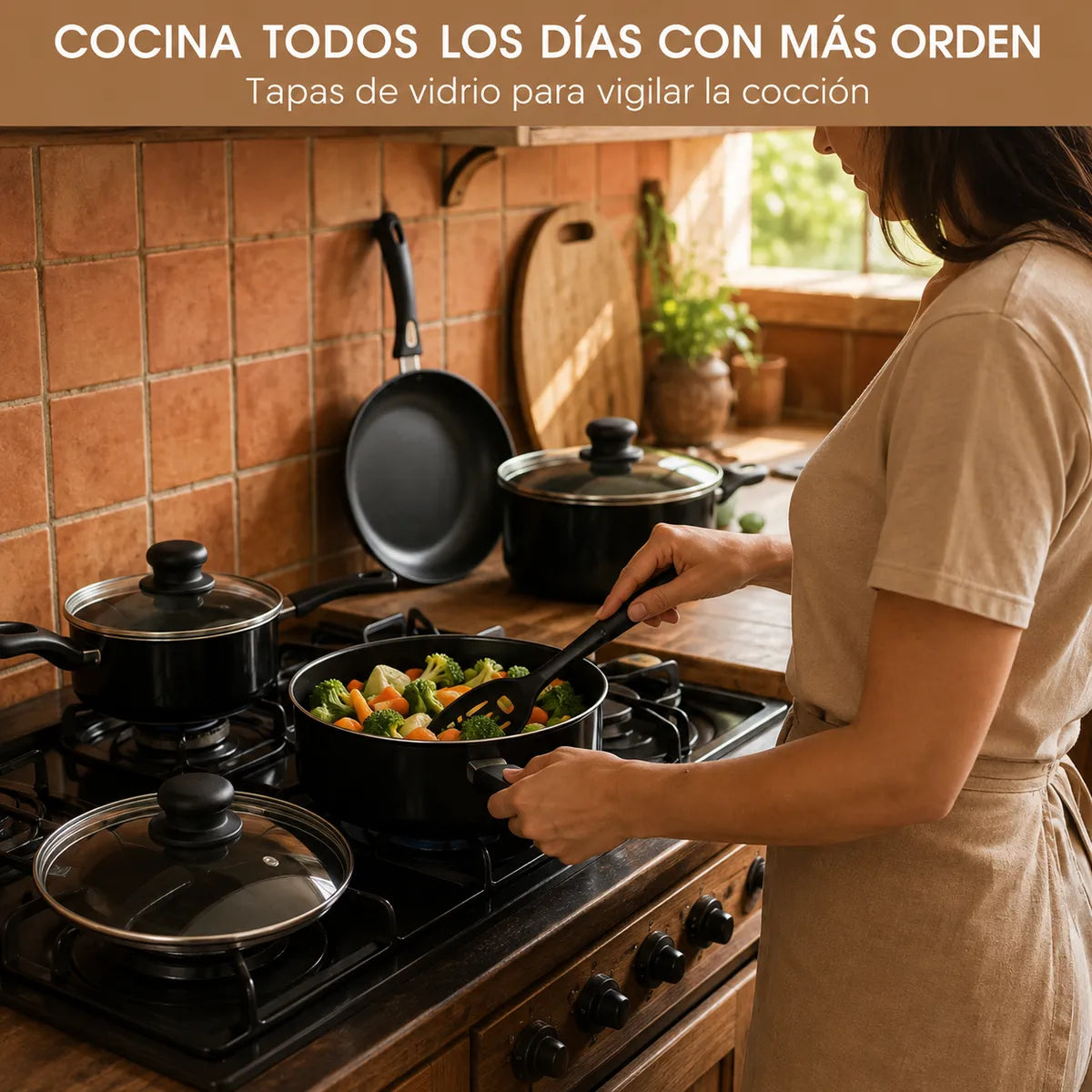 Sartén antiadherente del set cocinando vegetales sobre la estufa