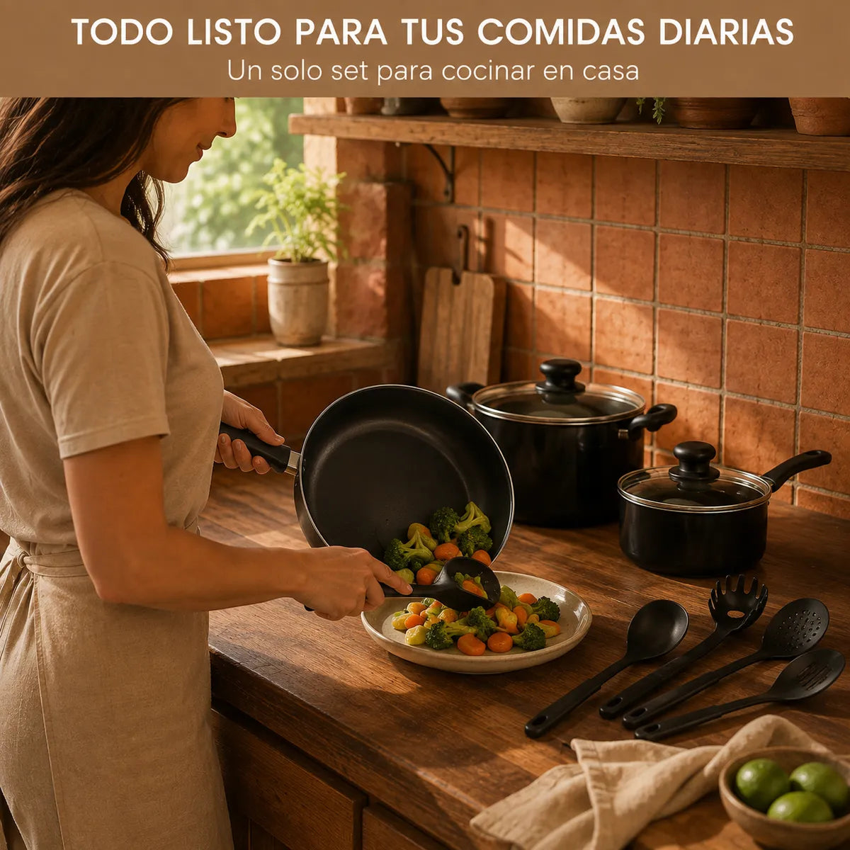 Detalle de ollas y sartén antiadherente con tapas de vidrio