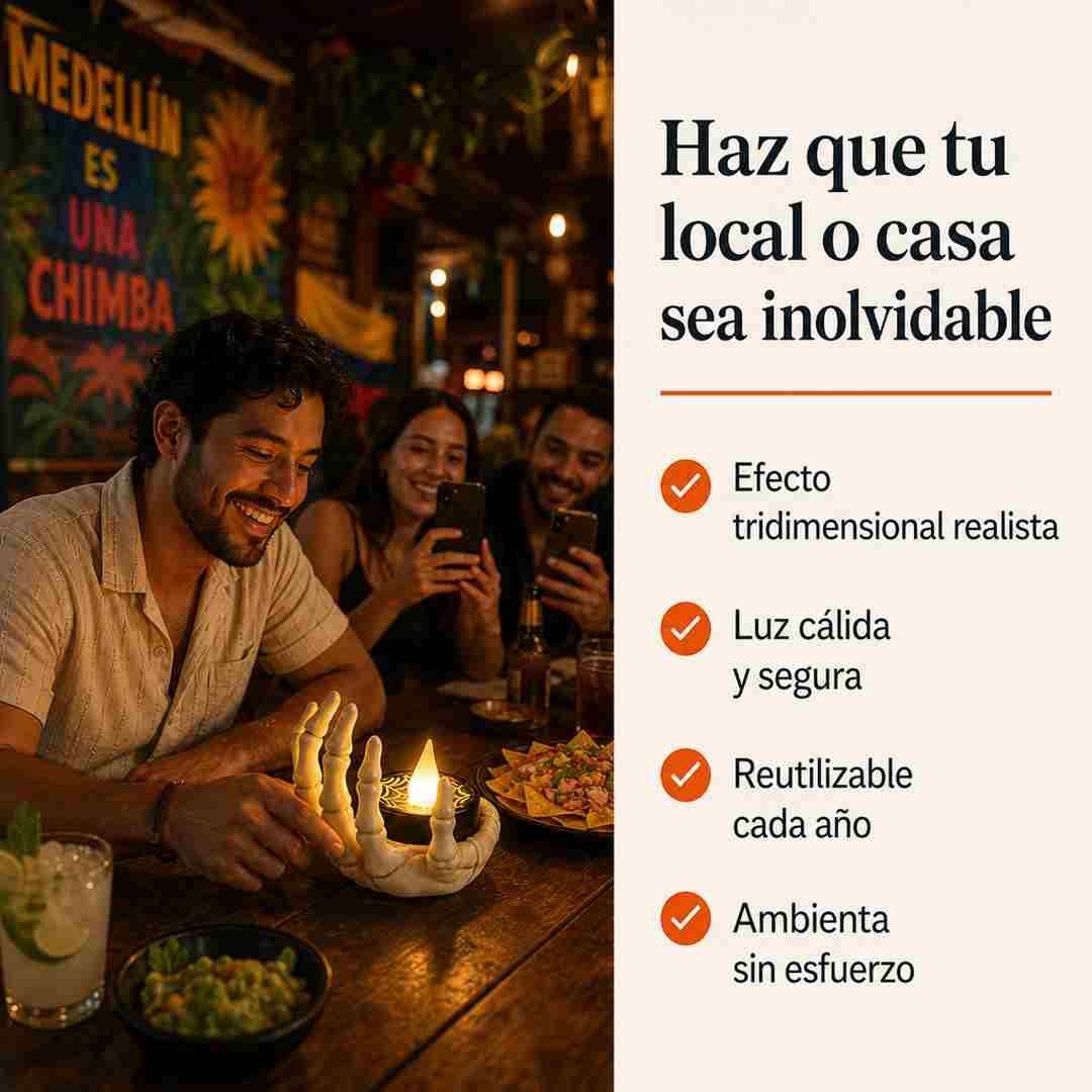 Velas LED Mano Esqueletica Halloween - Ambienta Sin Fuego Real - Resina Segura y Duradera